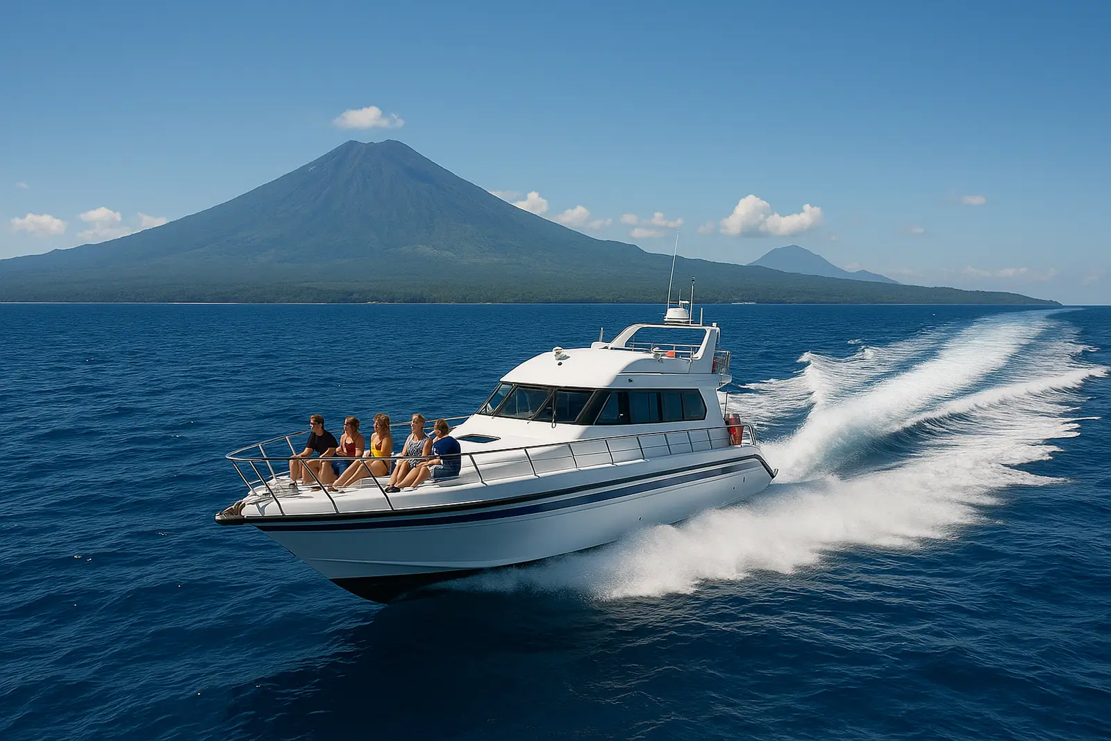 Bateau rapide traversant le détroit entre Bali et Lombok avec le Rinjani à l'horizon