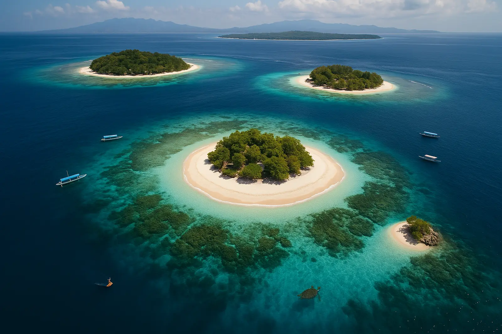 Vue aérienne des îles Gili et de leurs lagons turquoise au large de Lombok