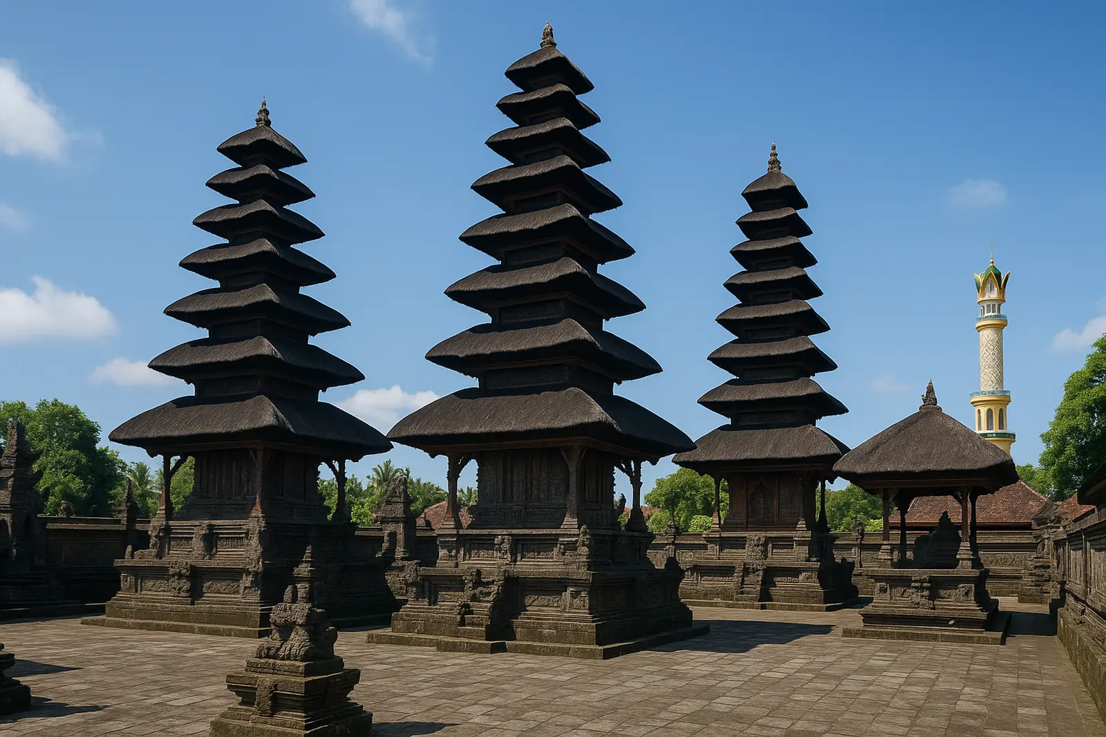 Temple hindou Pura Meru à Mataram avec ses pagodes meru