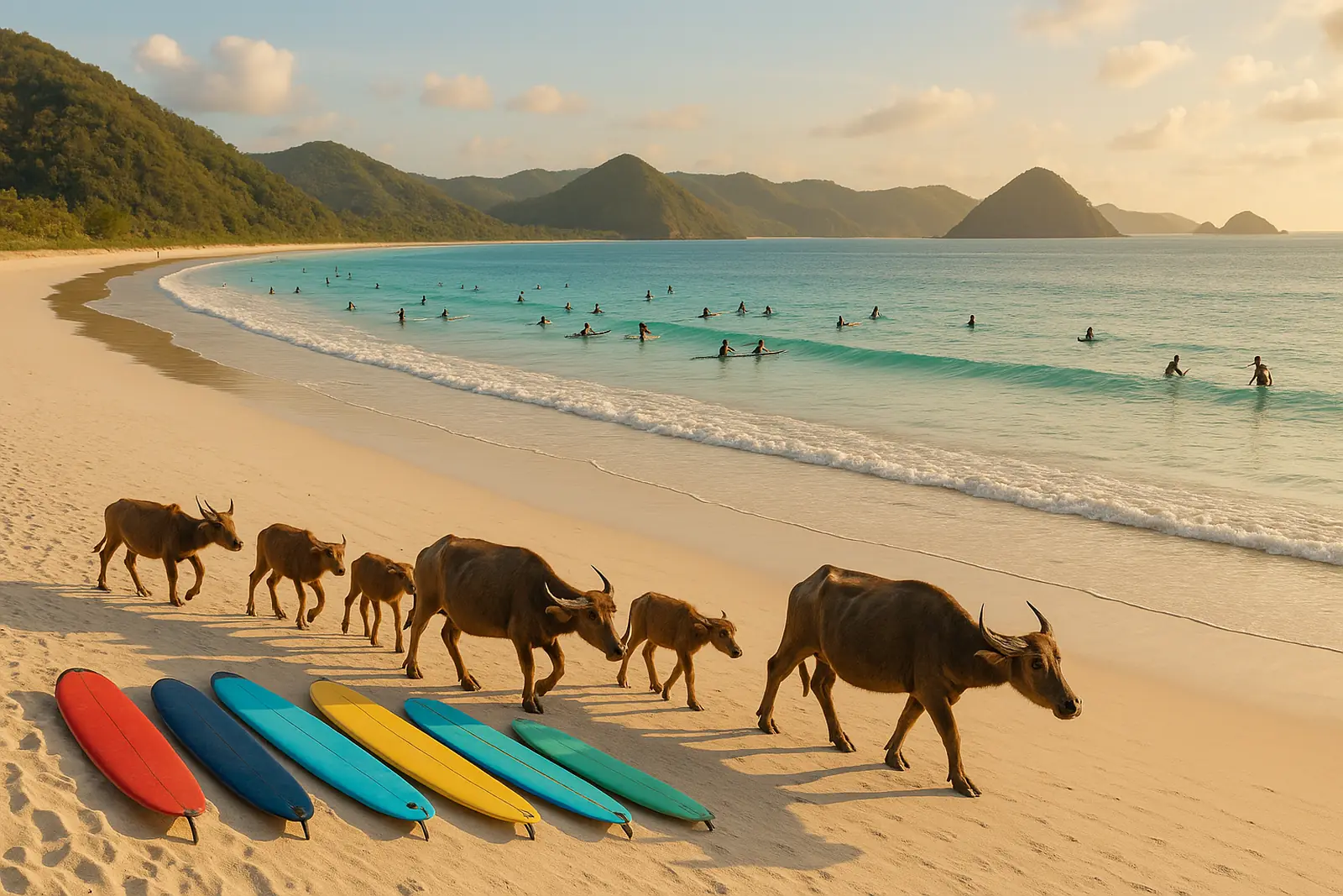 Plage de Selong Belanak au sud de Lombok avec des surfeurs débutants