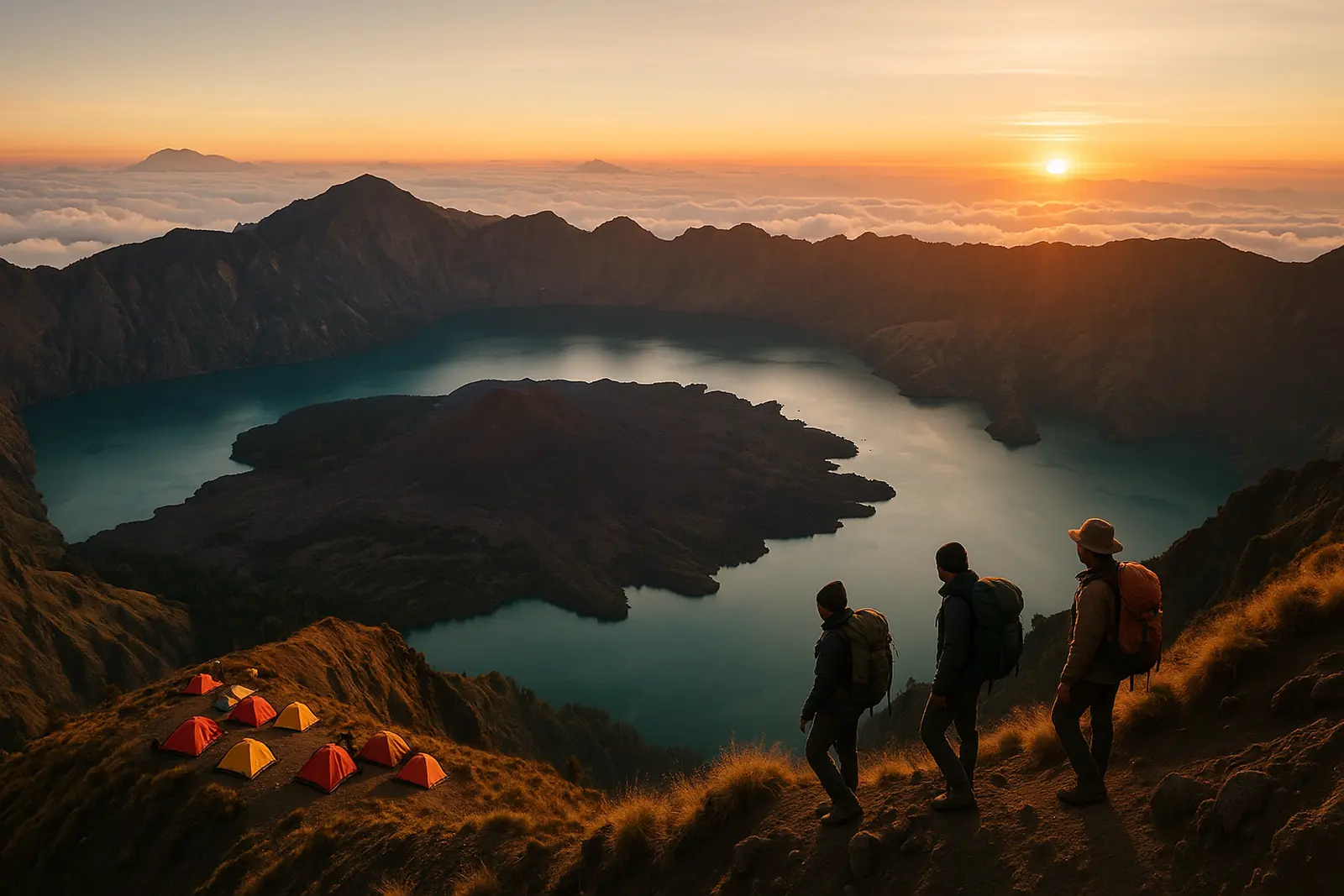 Bord du cratère du Rinjani au lever du soleil avec le lac Segara Anak