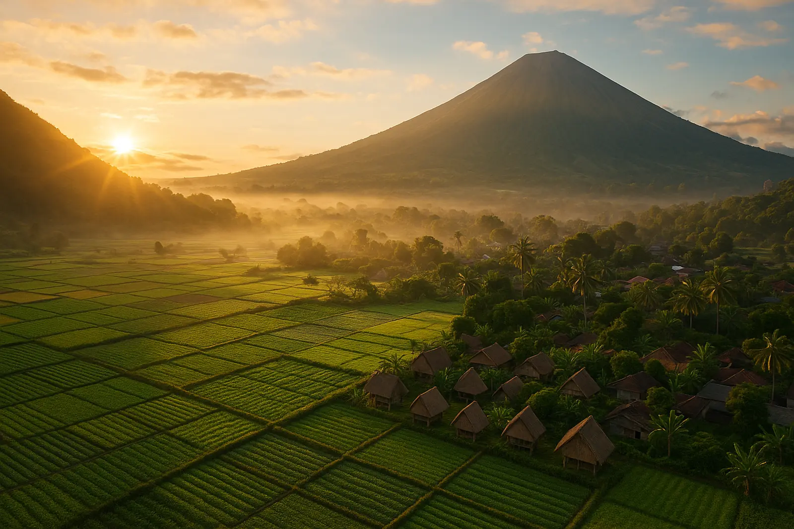 Vallée de Sembalun au lever du soleil avec le Rinjani en arrière-plan